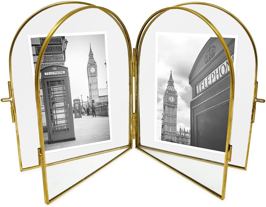 Isaac Jacobs Vintage Style, Double-Sided Arched Brass &amp; Glass Metal Floating Picture Frame with Locket Closure (Vertical), Made for Tabletop Display