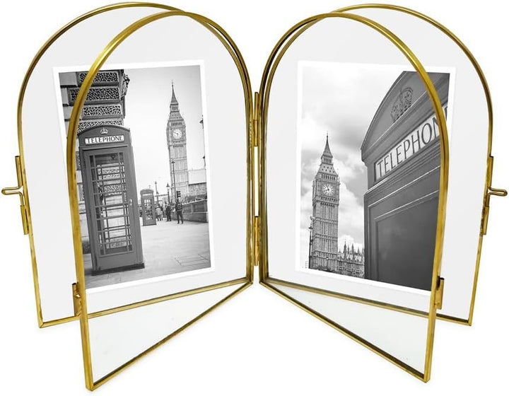 Isaac Jacobs Vintage Style, Double-Sided Arched Brass &amp; Glass Metal Floating Picture Frame with Locket Closure (Vertical), Made for Tabletop Display