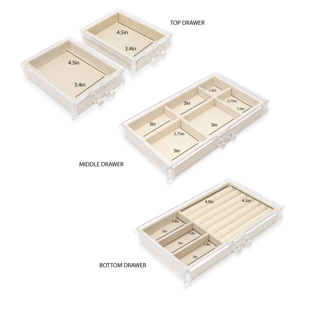 Isaac Jacobs Clear Acrylic 4-Drawer Jewelry Organizer (9.25” x 5.4” x 4.25”) w/ Velvet Lining, Stackable Storage Box For Rings, Necklaces, Bracelets, Earrings &amp; Watches, Tabletop Display Case
