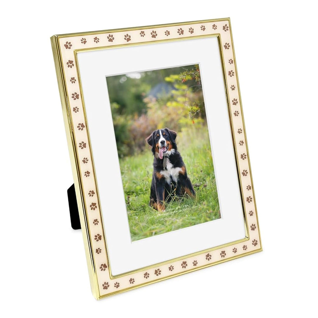 Isaac Jacobs Matted Gold Metal Enamel Frame with Brown Paw Print Design with Easel, for Countertop, Tabletop Display, Bookshelf, Desk, Wall Décor, Gold w/Brown)