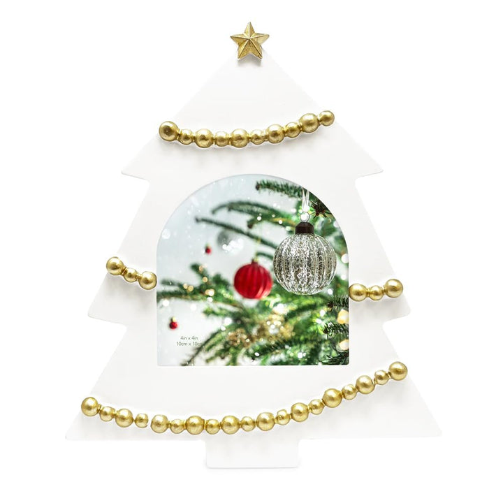 Isaac Jacobs 4x4 Holiday-Inspired Christmas Tree Picture Frame, Green with Gold Star, Tabletop and Wall Display, Home Décor, Resin Frame, Holidays (4x4, Green, with Arched Photo Window)