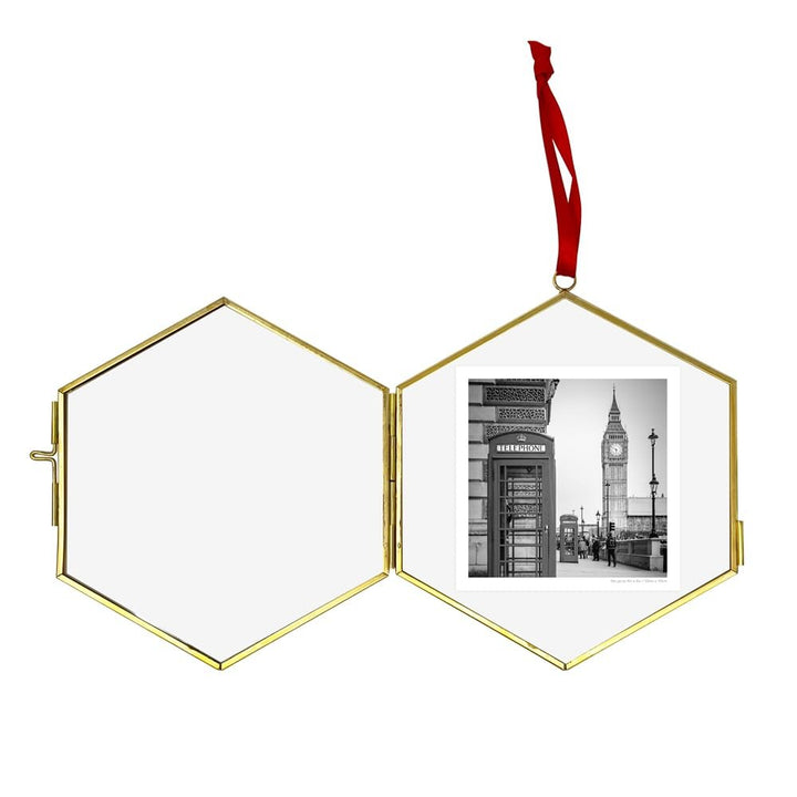 Isaac Jacobs (4.3"x5") Vintage Style Brass and Glass Hexagon Ornament Frame with Locket Closure (Vertical) (Antique Gold), Metal Floating Frame, Made for Hanging
