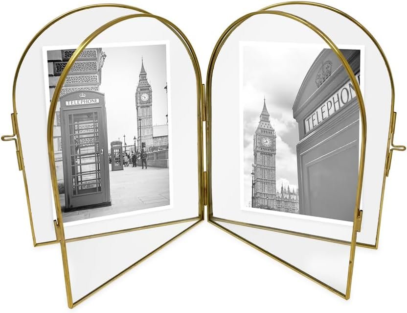 Isaac Jacobs Vintage Style, Double-Sided Arched Brass &amp; Glass Metal Floating Picture Frame with Locket Closure (Vertical), Made for Tabletop Display