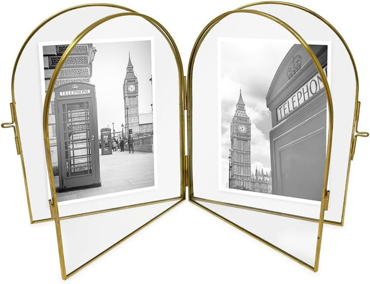 Isaac Jacobs Vintage Style, Double-Sided Arched Brass &amp; Glass Metal Floating Picture Frame with Locket Closure (Vertical), Made for Tabletop Display