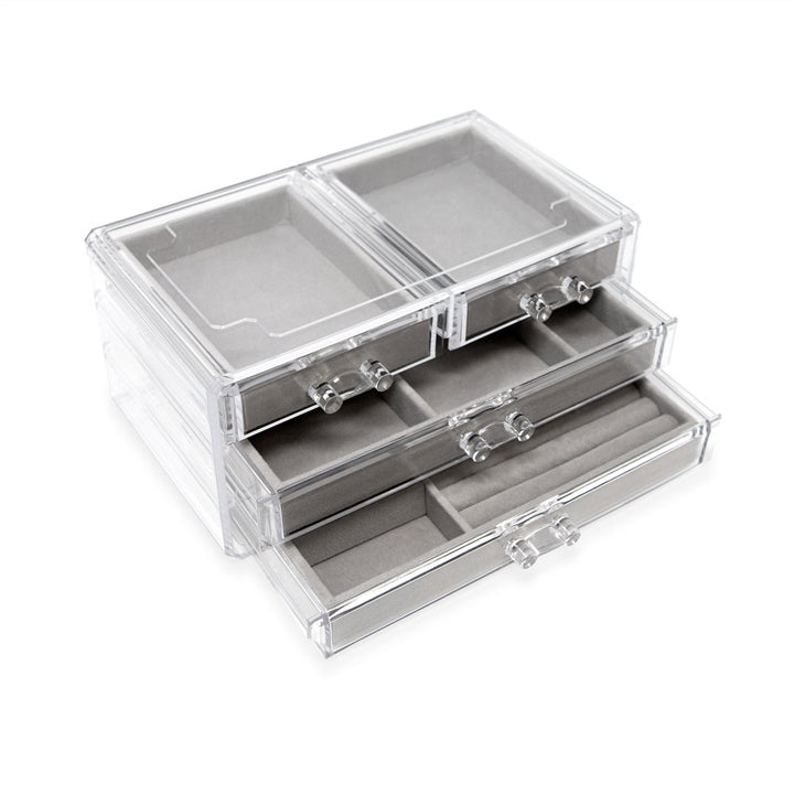 Isaac Jacobs Clear Acrylic 4-Drawer Jewelry Organizer (9.25” x 5.4” x 4.25”) w/ Velvet Lining, Stackable Storage Box For Rings, Necklaces, Bracelets, Earrings &amp; Watches, Tabletop Display Case