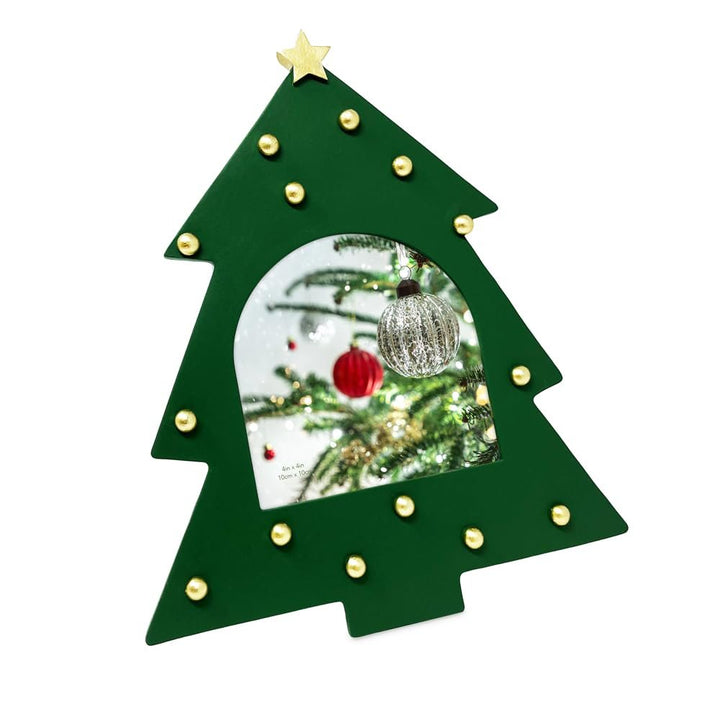 Isaac Jacobs 4x4 Holiday-Inspired Christmas Tree Picture Frame, Green with Gold Star, Tabletop and Wall Display, Home Décor, Resin Frame, Holidays (4x4, Green, with Arched Photo Window)