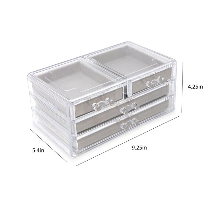 Isaac Jacobs Clear Acrylic 4-Drawer Jewelry Organizer (9.25” x 5.4” x 4.25”) w/ Velvet Lining, Stackable Storage Box For Rings, Necklaces, Bracelets, Earrings &amp; Watches, Tabletop Display Case