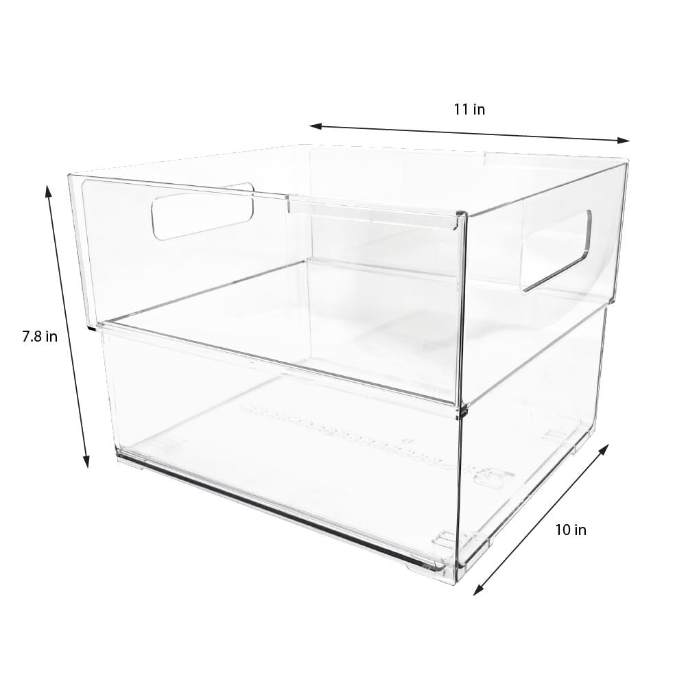 Isaac Jacobs 2-Pack Clear Expandable Storage Bins, Plastic Organizer with Cut-Out Handles, Adjustable Length from 11-19" for Home, Kitchen &amp; Office