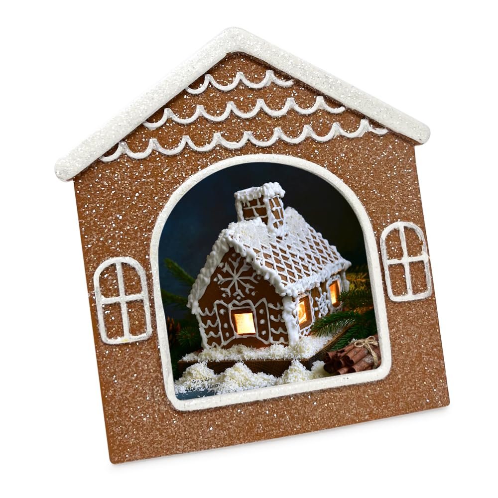 Isaac Jacobs Holiday‑Inspired Gingerbread House Picture Frame, Glitter Resin Picture Frame, Tabletop or Wall Display, Home Décor_#color_Brown/White/Glitter_4x4