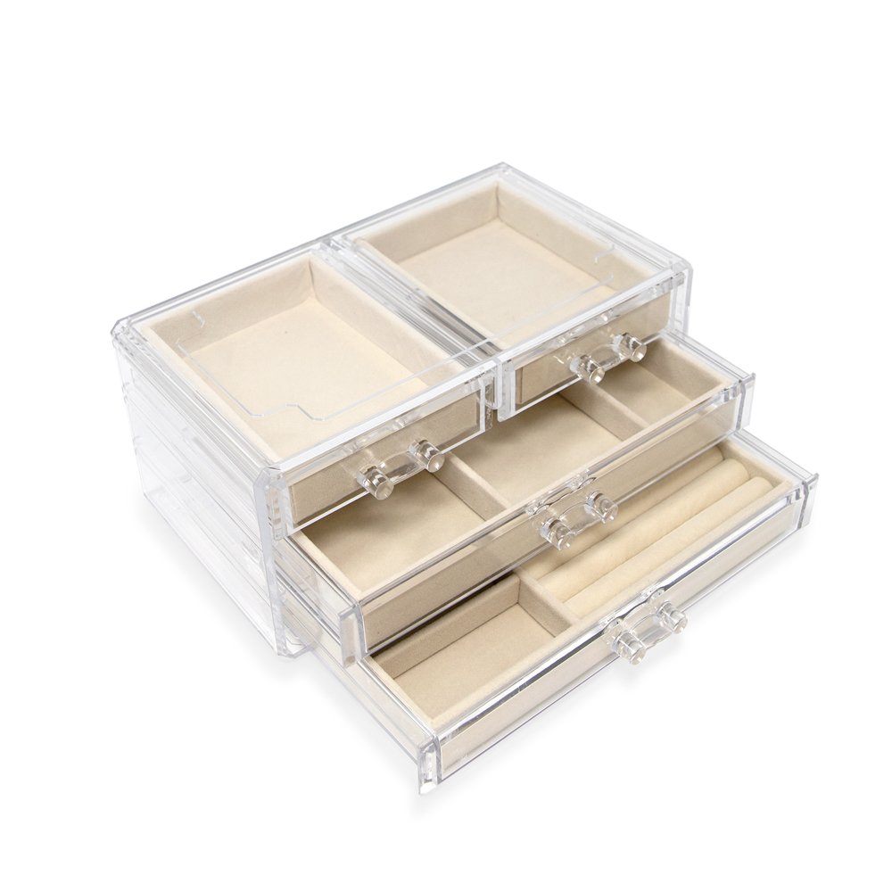 Isaac Jacobs Clear Acrylic 4-Drawer Jewelry Organizer (9.25” x 5.4” x 4.25”) w/ Velvet Lining, Stackable Storage Box For Rings, Necklaces, Bracelets, Earrings & Watches, Tabletop Display Case