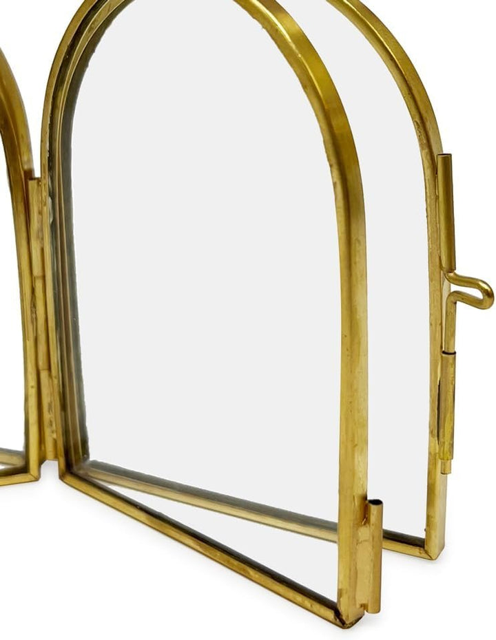 Isaac Jacobs Vintage Style, Double-Sided Arched Brass &amp; Glass Metal Floating Picture Frame with Locket Closure (Vertical), Made for Tabletop Display