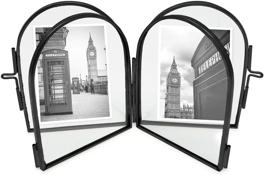 Isaac Jacobs Vintage Style, Double-Sided Arched Brass &amp; Glass Metal Floating Picture Frame with Locket Closure (Vertical), Made for Tabletop Display