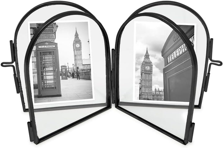 Isaac Jacobs Vintage Style, Double-Sided Arched Brass &amp; Glass Metal Floating Picture Frame with Locket Closure (Vertical), Made for Tabletop Display