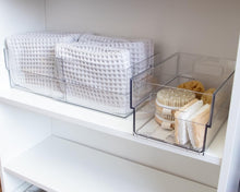 Isaac Jacobs 2-Pack Clear Expandable Storage Bins, Plastic Organizer with Cut-Out Handles, Adjustable Length from 11-19" for Home, Kitchen & Office