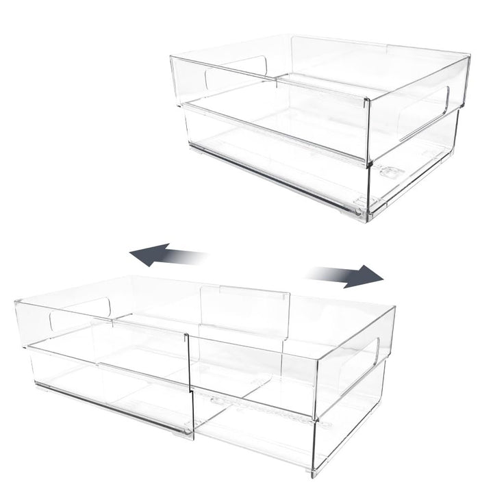 Isaac Jacobs 2-Pack Clear Expandable Storage Bins, Plastic Organizer with Cut-Out Handles, Adjustable Length from 11-19" for Home, Kitchen &amp; Office