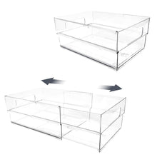 Isaac Jacobs 2-Pack Clear Expandable Storage Bins, Plastic Organizer with Cut-Out Handles, Adjustable Length from 11-19" for Home, Kitchen & Office