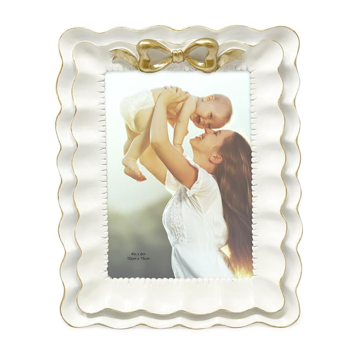 Isaac Jacobs 2x3 Blush With White Resin Picture Frame, Layered Double Ruffle Wave Design with Bow, Tabletop &amp; Wall Display Photo Frame, Home Décor, Art, Photo Gallery (2x3, Blush With White)