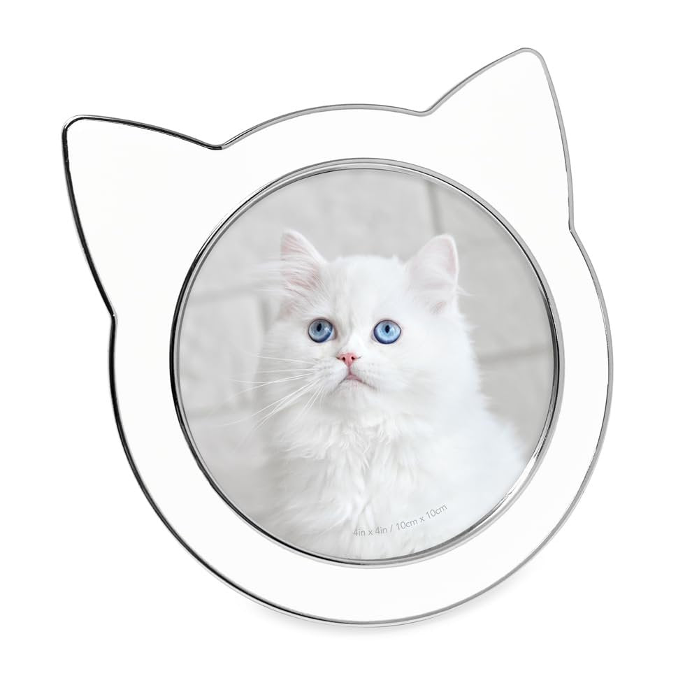 Isaac Jacobs 4x4 Gray with Silver Round Enamel Cat Picture Frame w/Ears - Tabletop, Home &amp; Office Décor, (4x4, Gray with Silver)