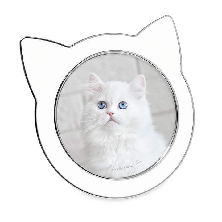 Isaac Jacobs 4x4 Gray with Silver Round Enamel Cat Picture Frame w/Ears - Tabletop, Home &amp; Office Décor, (4x4, Gray with Silver)