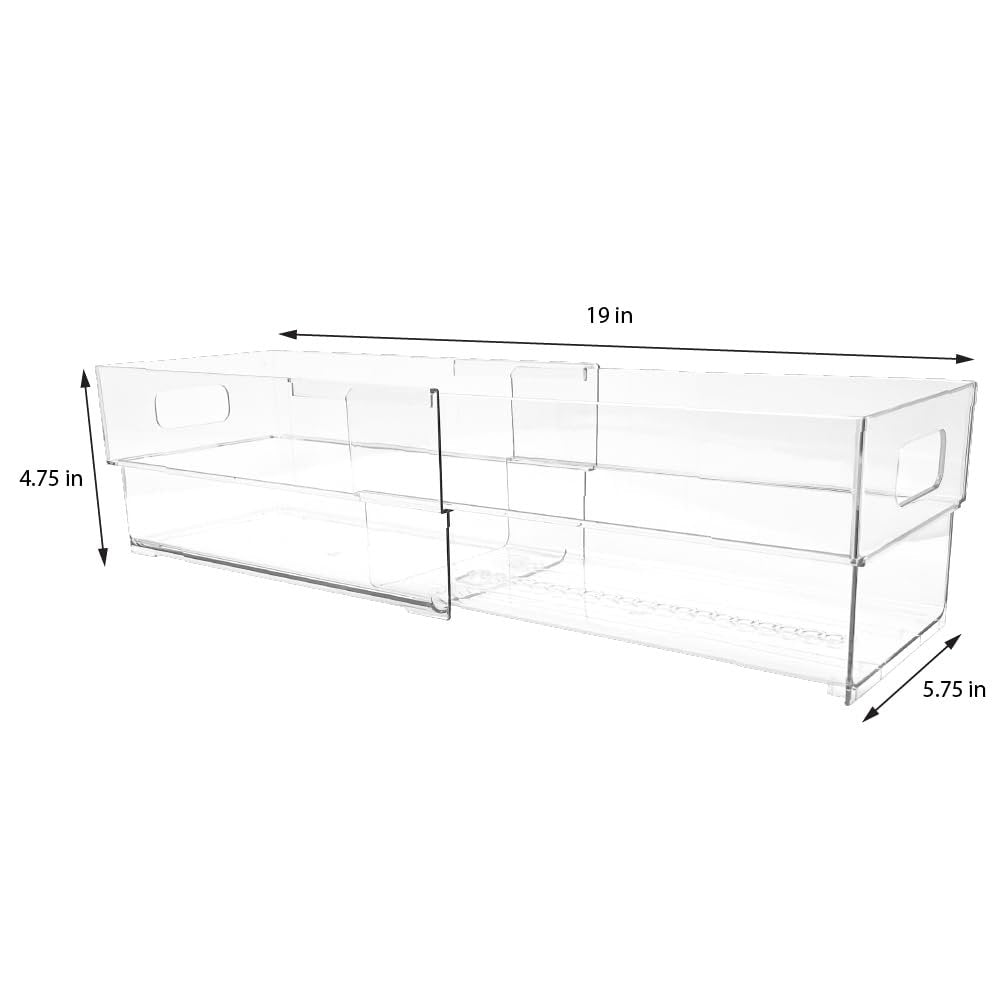 Isaac Jacobs 2-Pack Clear Expandable Storage Bins, Plastic Organizer with Cut-Out Handles, Adjustable Length from 11-19" for Home, Kitchen &amp; Office