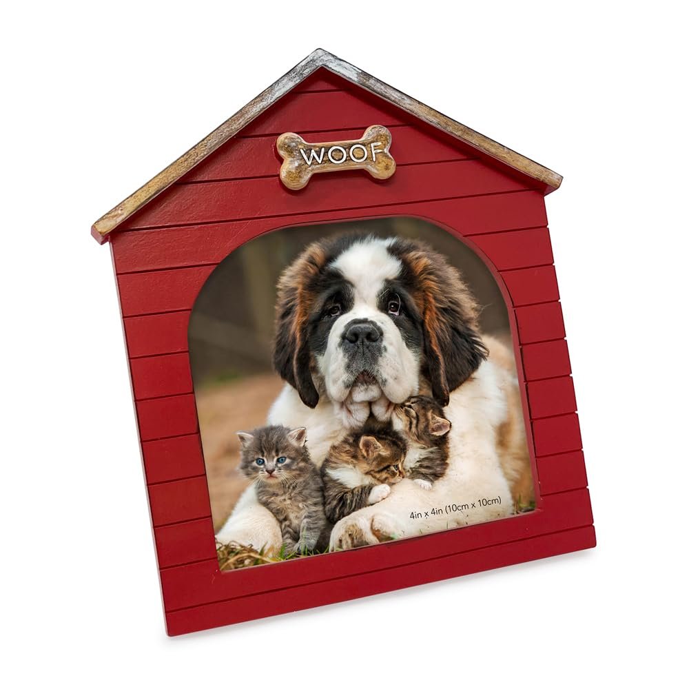 Isaac Jacobs Resin Sentiments Woof Doghouse Frame, Vertical Keepsake Photo Frame with Easel and Hanging Tabs for Tabletop, Desktop &amp; Wall Display_