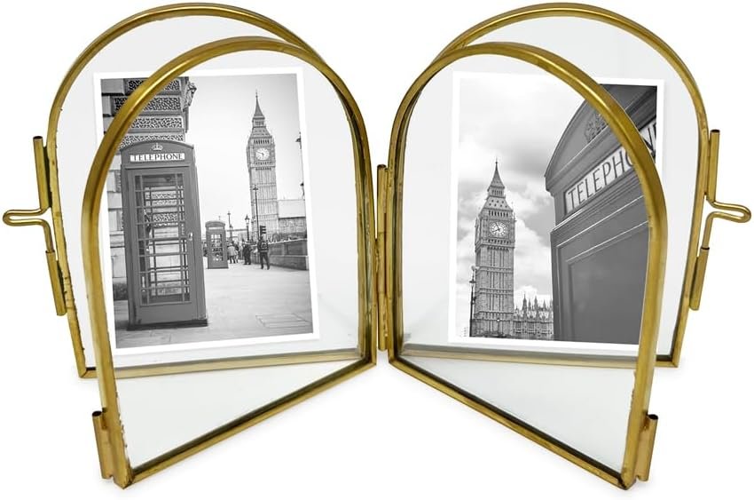 Isaac Jacobs Vintage Style, Double-Sided Arched Brass &amp; Glass Metal Floating Picture Frame with Locket Closure (Vertical), Made for Tabletop Display