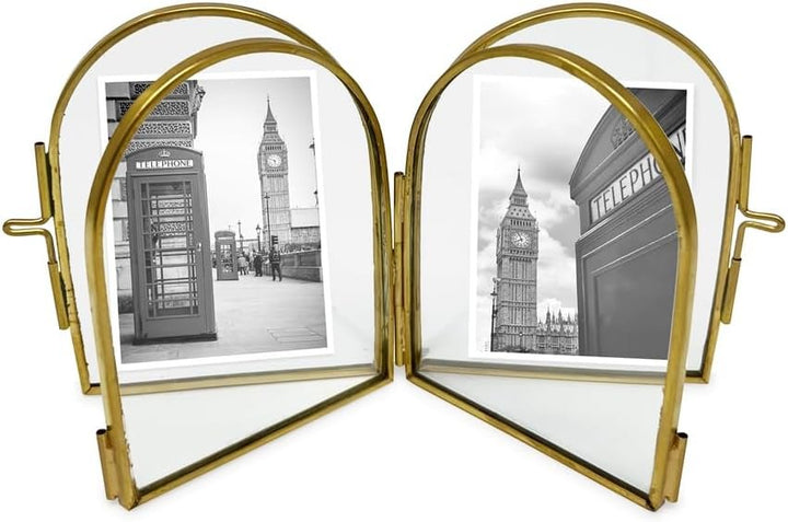Isaac Jacobs Vintage Style, Double-Sided Arched Brass &amp; Glass Metal Floating Picture Frame with Locket Closure (Vertical), Made for Tabletop Display