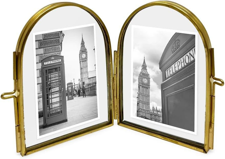 Isaac Jacobs Vintage Style, Double-Sided Arched Brass &amp; Glass Metal Floating Picture Frame with Locket Closure (Vertical), Made for Tabletop Display