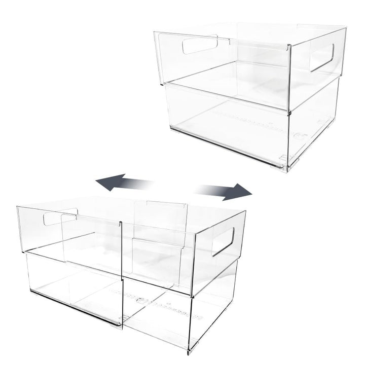 Isaac Jacobs 2-Pack Clear Expandable Storage Bins, Plastic Organizer with Cut-Out Handles, Adjustable Length from 11-19" for Home, Kitchen &amp; Office