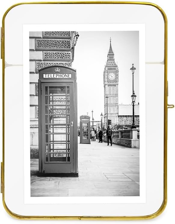 Isaac Jacobs Vintage Style, Round-Edged Brass &amp; Glass Metal Floating Picture Frame with Locket Closure (Horizontal), Made for Tabletop Display