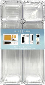 Isaac Jacobs Clear Drawer Organizer Set, Plastic Storage Bin, Multi-Use, Home, Office, Closet, Pantry, Bedroom, Bathroom, Kitchen