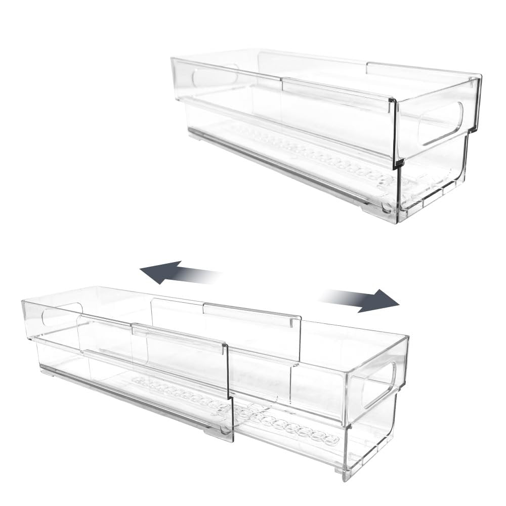 Isaac Jacobs 2-Pack Clear Expandable Storage Bins, Plastic Organizer with Cut-Out Handles, Adjustable Length from 11-19" for Home, Kitchen &amp; Office