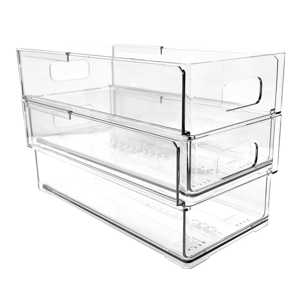 Isaac Jacobs 2-Pack Clear Expandable Storage Bins, Plastic Organizer with Cut-Out Handles, Adjustable Length from 11-19" for Home, Kitchen &amp; Office
