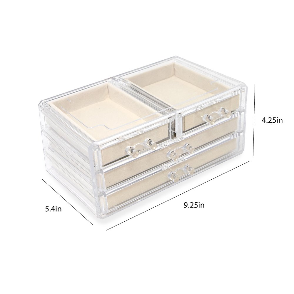 Isaac Jacobs Clear Acrylic 4-Drawer Jewelry Organizer (9.25” x 5.4” x 4.25”) w/ Velvet Lining, Stackable Storage Box For Rings, Necklaces, Bracelets, Earrings &amp; Watches, Tabletop Display Case