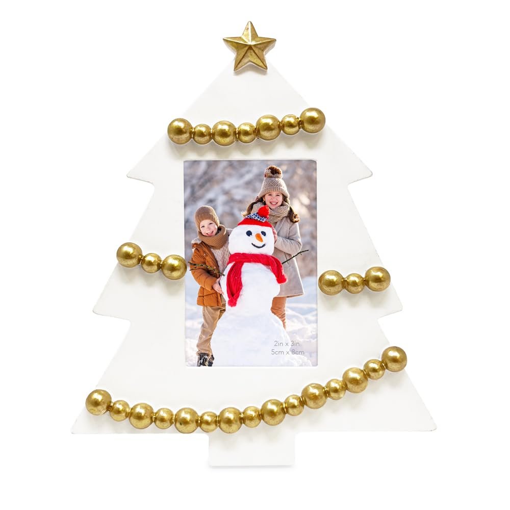 Isaac Jacobs 4x4 Holiday-Inspired Christmas Tree Picture Frame, Green with Gold Star, Tabletop and Wall Display, Home Décor, Resin Frame, Holidays (4x4, Green, with Arched Photo Window)