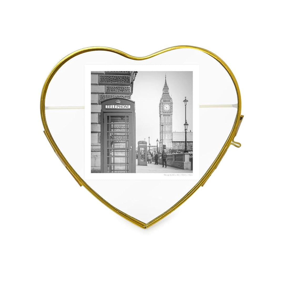 Isaac Jacobs (4"x4" Vintage Style Heart-Shaped Brass and Glass Ornament Frame with Locket Closure (Vertical) (Antique Gold), Metal Floating Frame, Made for Tabletop Display