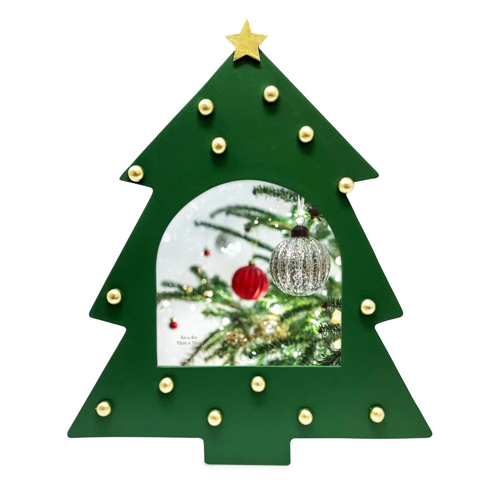 Isaac Jacobs 4x4 Holiday-Inspired Christmas Tree Picture Frame, Green with Gold Star, Tabletop and Wall Display, Home Décor, Resin Frame, Holidays (4x4, Green, with Arched Photo Window)
