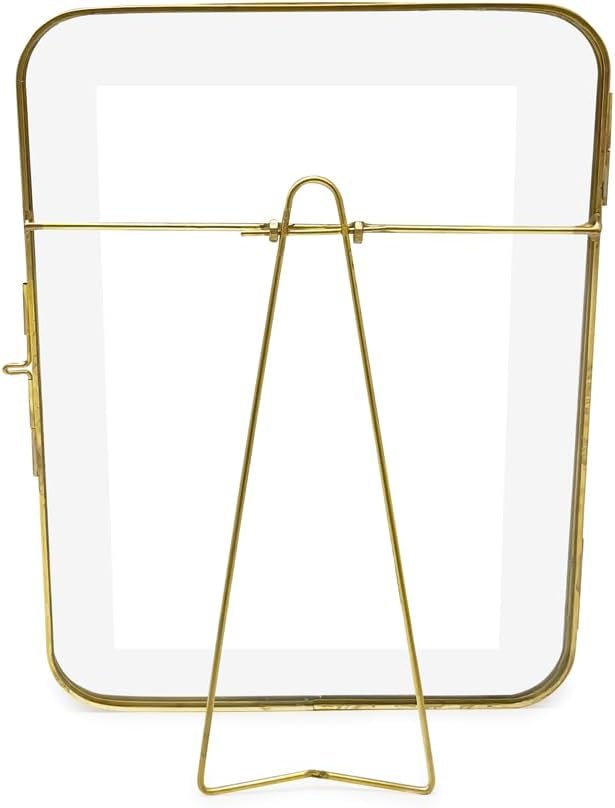 Isaac Jacobs Vintage Style, Round-Edged Brass &amp; Glass Metal Floating Picture Frame with Locket Closure (Horizontal), Made for Tabletop Display