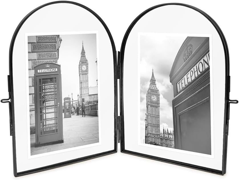 Isaac Jacobs Vintage Style, Double-Sided Arched Brass &amp; Glass Metal Floating Picture Frame with Locket Closure (Vertical), Made for Tabletop Display
