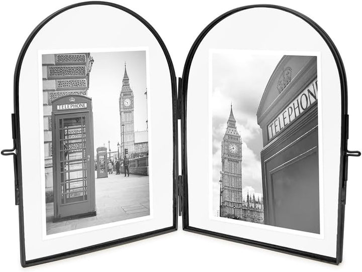 Isaac Jacobs Vintage Style, Double-Sided Arched Brass &amp; Glass Metal Floating Picture Frame with Locket Closure (Vertical), Made for Tabletop Display