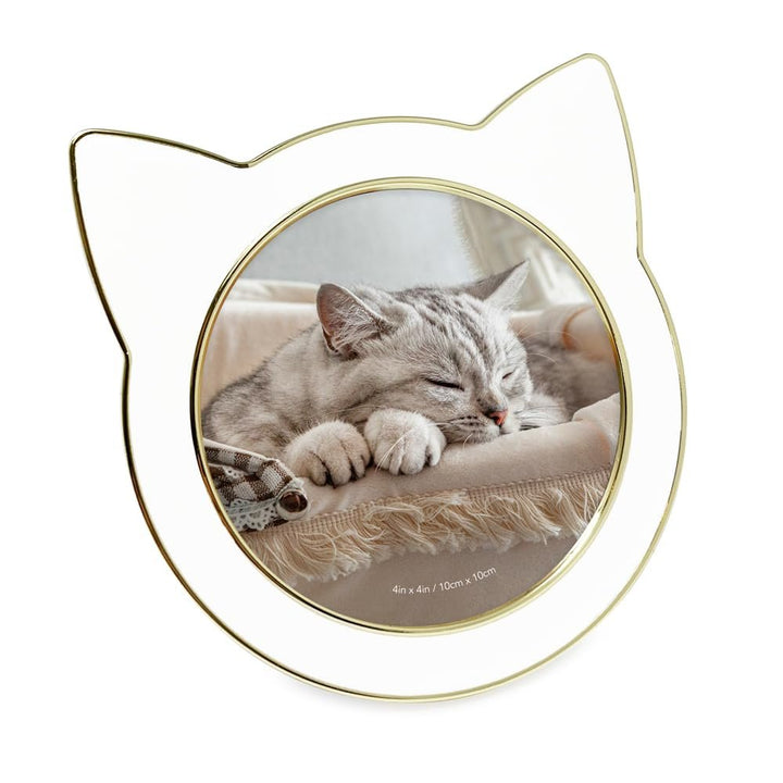 Isaac Jacobs 4x4 Gray with Silver Round Enamel Cat Picture Frame w/Ears - Tabletop, Home &amp; Office Décor, (4x4, Gray with Silver)