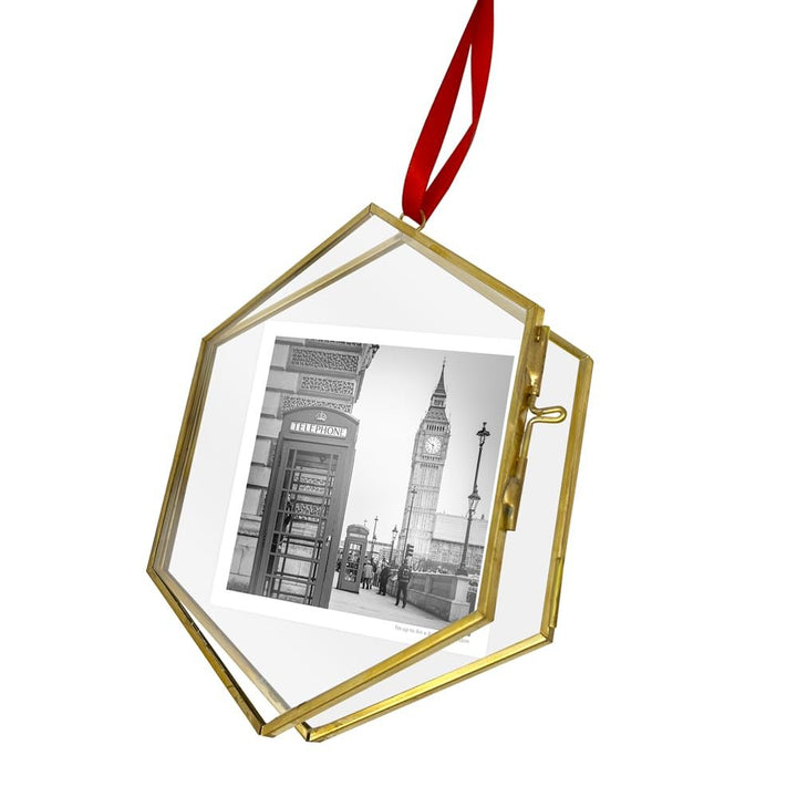 Isaac Jacobs (4.3"x5") Vintage Style Brass and Glass Hexagon Ornament Frame with Locket Closure (Vertical) (Antique Gold), Metal Floating Frame, Made for Hanging