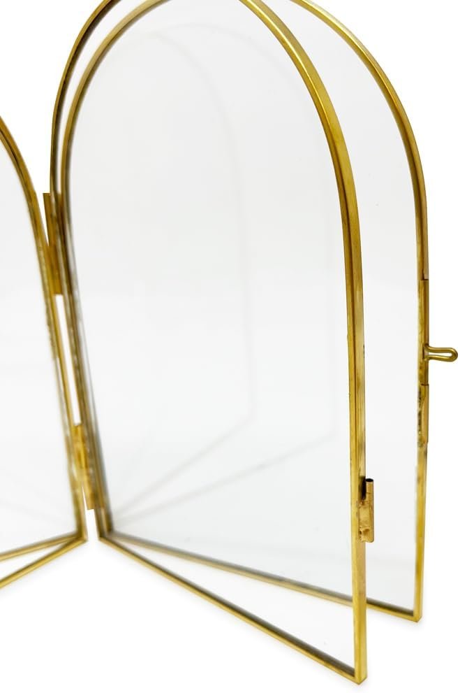 Isaac Jacobs Vintage Style, Double-Sided Arched Brass &amp; Glass Metal Floating Picture Frame with Locket Closure (Vertical), Made for Tabletop Display