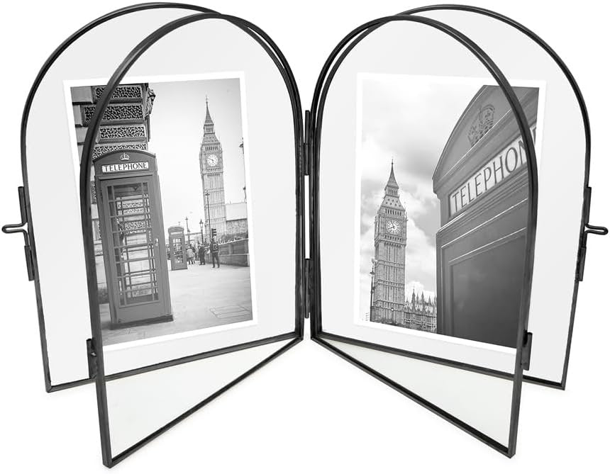 Isaac Jacobs Vintage Style, Double-Sided Arched Brass &amp; Glass Metal Floating Picture Frame with Locket Closure (Vertical), Made for Tabletop Display
