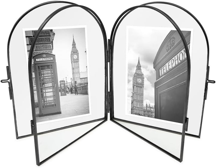 Isaac Jacobs Vintage Style, Double-Sided Arched Brass &amp; Glass Metal Floating Picture Frame with Locket Closure (Vertical), Made for Tabletop Display
