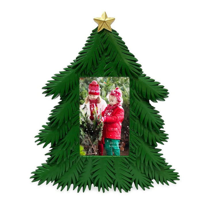 Isaac Jacobs 4x4 Holiday-Inspired Christmas Tree Picture Frame, Green with Gold Star, Tabletop and Wall Display, Home Décor, Resin Frame, Holidays (4x4, Green, with Arched Photo Window)