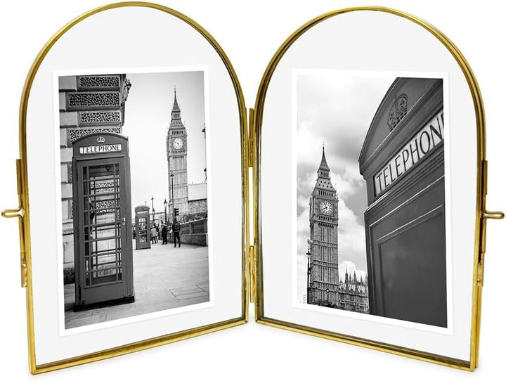 Isaac Jacobs Vintage Style, Double-Sided Arched Brass &amp; Glass Metal Floating Picture Frame with Locket Closure (Vertical), Made for Tabletop Display