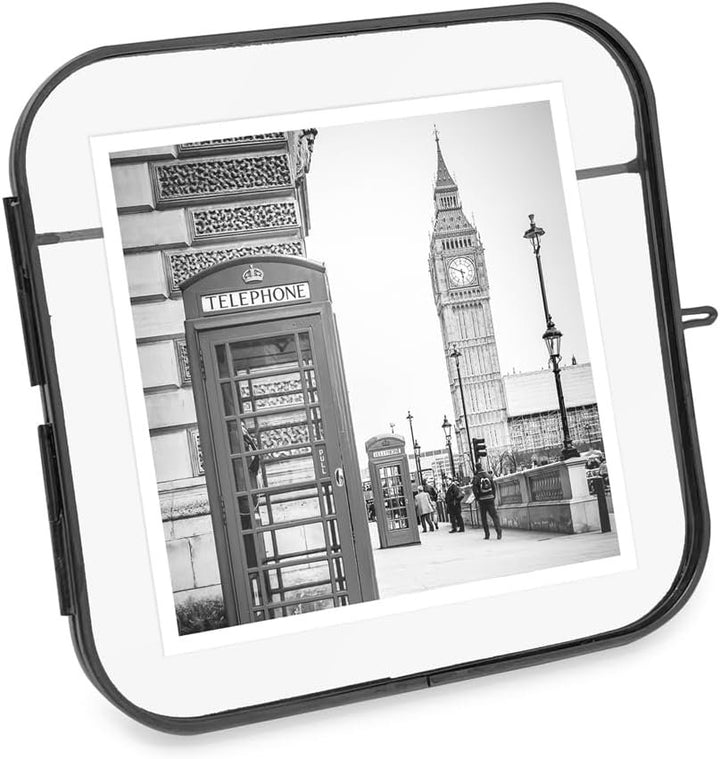 Isaac Jacobs Vintage Style, Round-Edged Brass &amp; Glass Metal Floating Picture Frame with Locket Closure (Horizontal), Made for Tabletop Display