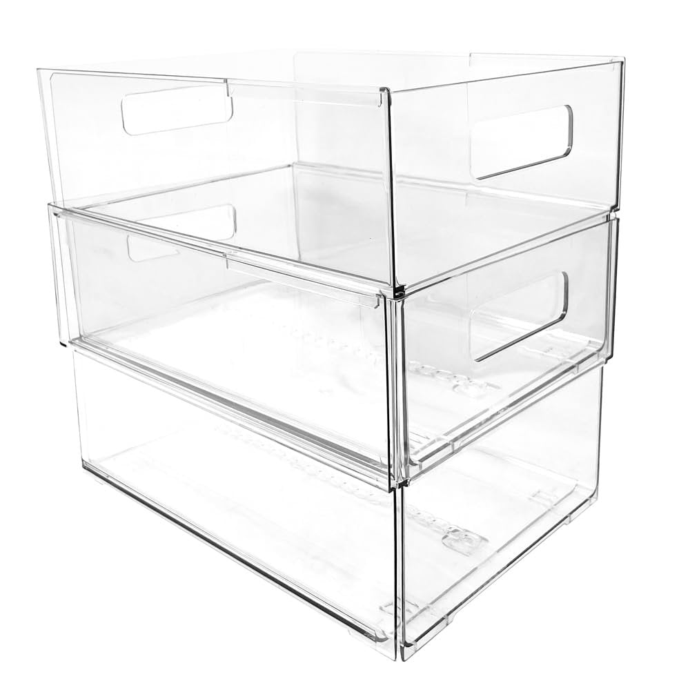 Isaac Jacobs 2-Pack Clear Expandable Storage Bins, Plastic Organizer with Cut-Out Handles, Adjustable Length from 11-19" for Home, Kitchen &amp; Office