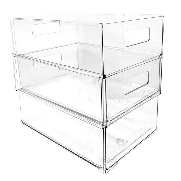 Isaac Jacobs 2-Pack Clear Expandable Storage Bins, Plastic Organizer with Cut-Out Handles, Adjustable Length from 11-19" for Home, Kitchen &amp; Office